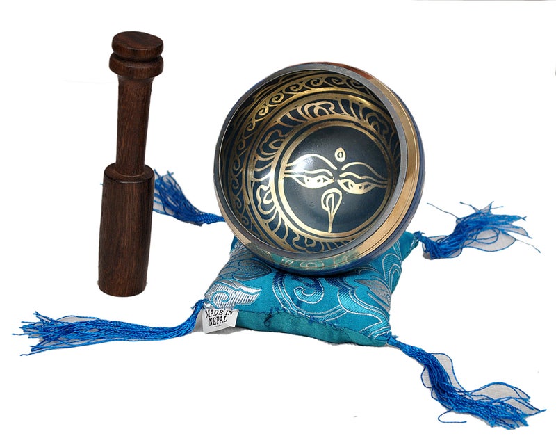 Dharma Store Tibetan Singing Bowl Set By Dharma Store - With Traditional Design Tibetan Buddhist Prayer Flag - Handmade in Nepal (Blue) - Image 2